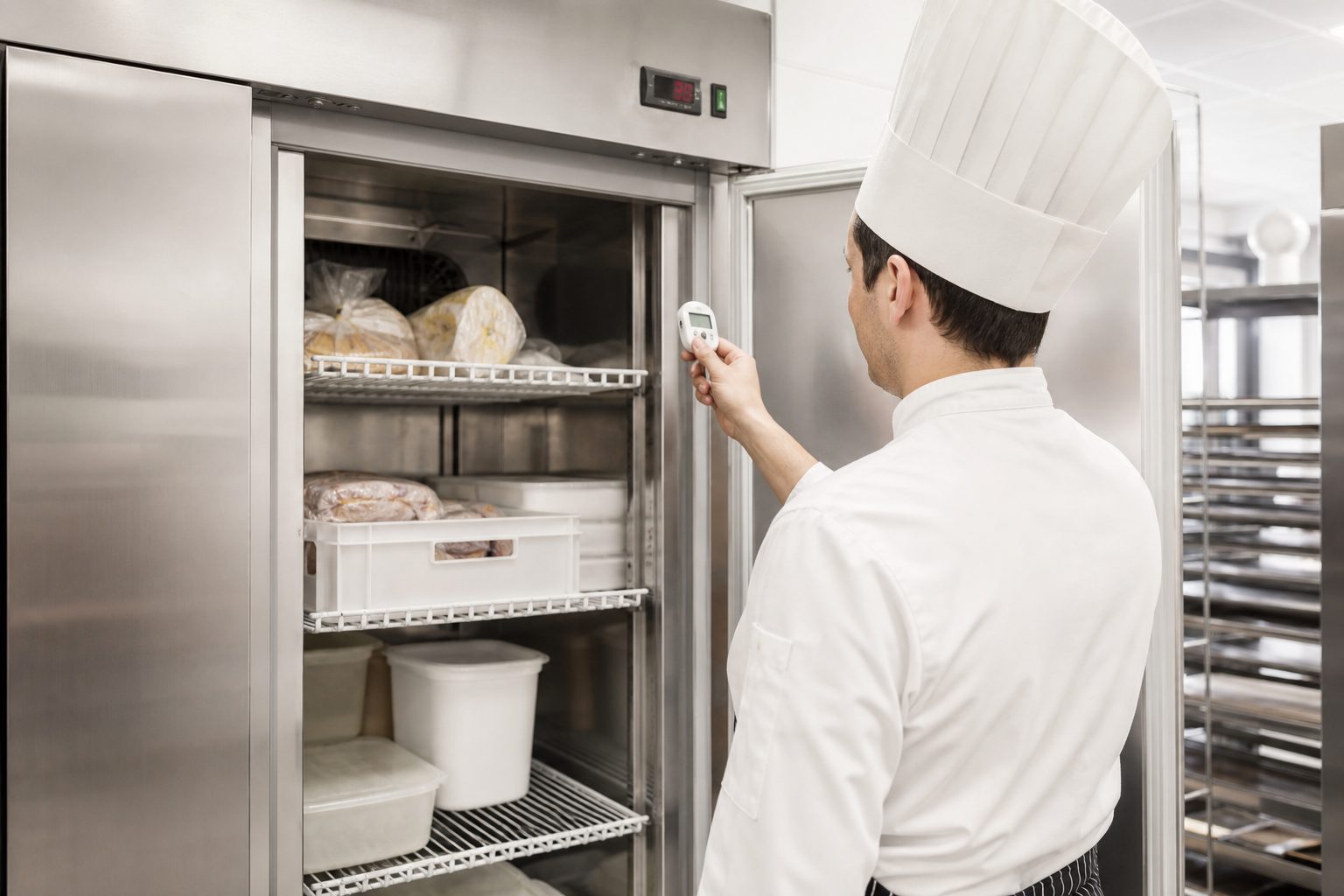 Sala da pranzo moderna con tavolo, sedie e cucina aperta sullo sfondo chiaro.