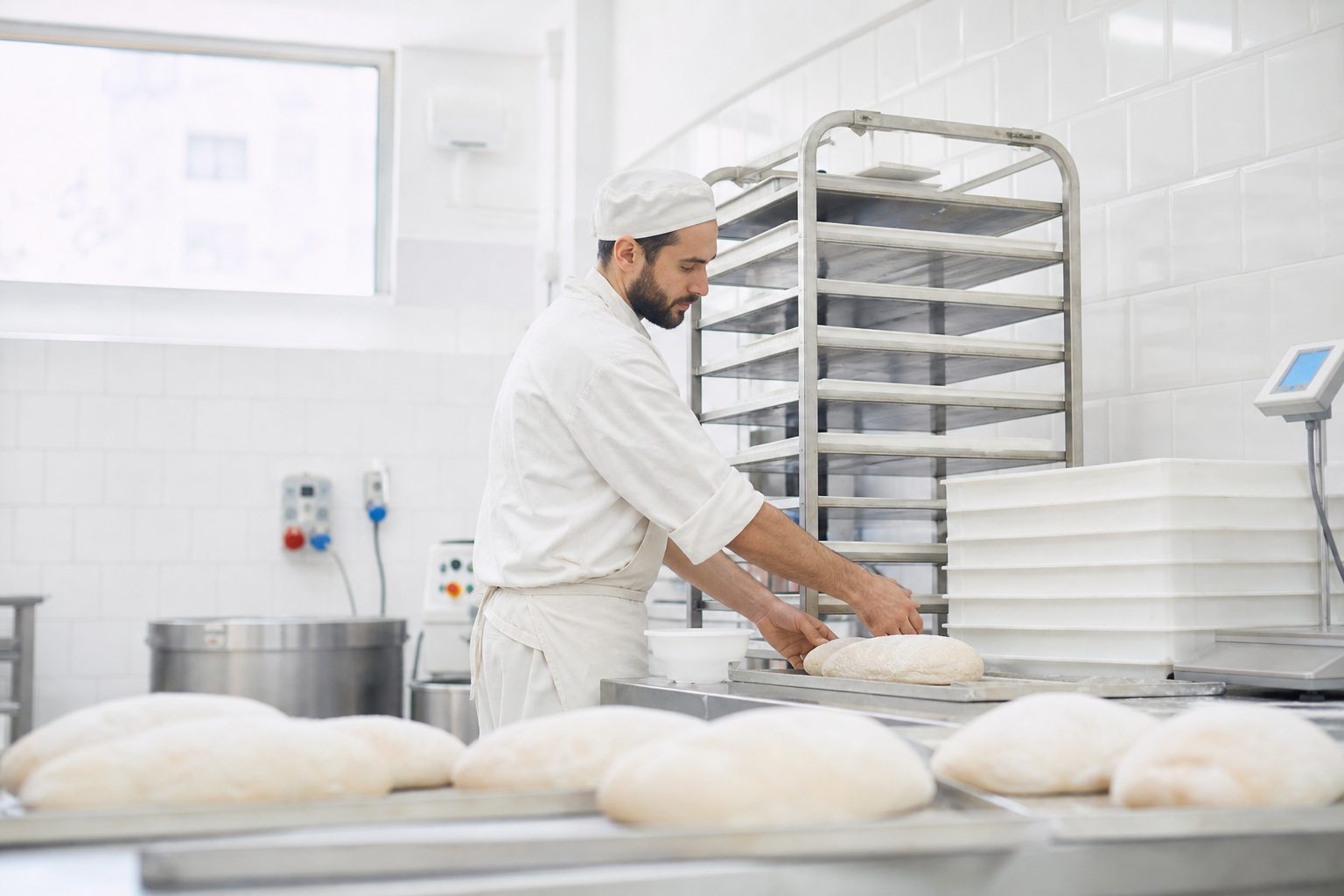 Pagnotte di pane con crosta dorata appoggiate su un telo di stoffa scura.
